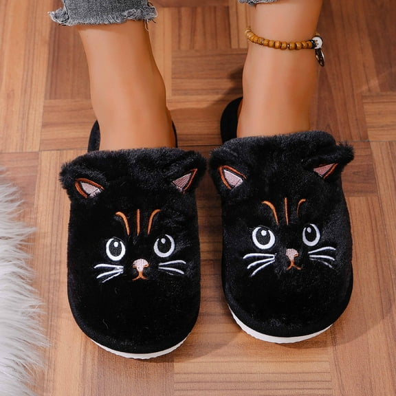 Women'S Slipper Cat Indoor Outdoor House Slipper Fuzzy Fluffy House Shoes Slip On Comfort Footwear Cute Flat Slides Black US: 7