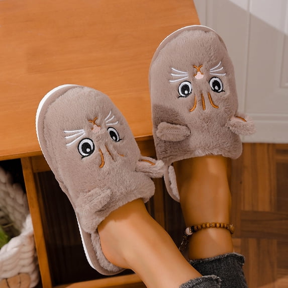 Women'S Slipper Cat Indoor Outdoor House Slipper Fuzzy Fluffy House Shoes Slip On Comfort Footwear Cute Flat Slides Coffee US: 8.5