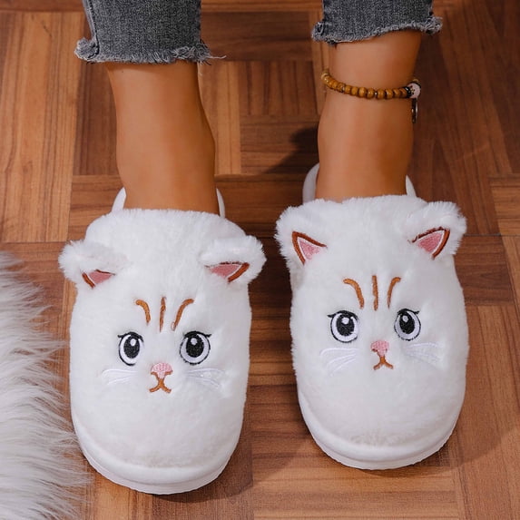 Women'S Slipper Cat Indoor Outdoor House Slipper Fuzzy Fluffy House Shoes Slip On Comfort Footwear Cute Flat Slides White US: 6.5