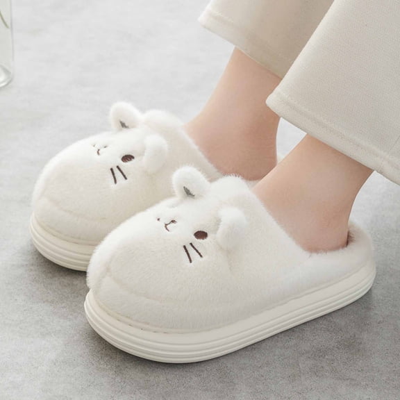 Women'S Slipper Cat Indoor Outdoor House Slipper Fuzzy Fluffy House Shoes Slip On Comfort Footwear Cute Flat Slides White US: 6
