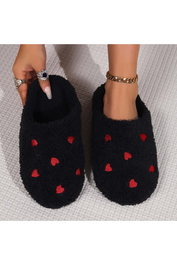 Women'S Slipper Heart Love Dots Indoor Outdoor House Slipper Fuzzy Fluffy House Shoes Valentine'S Day Gift Funny Flat Slides Black US: 7