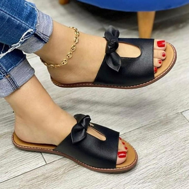 Women'S Slippers Summer Womens Ladies Flat Bowknot Hollow Peep Toe Slip On  Slippers Beach Shoes Shoes For Women Cpu Black 39