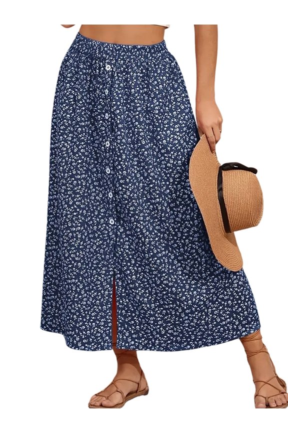 Women'S Slit Split Long Skirts High Waisted Summer Maxi Skirts Blue S