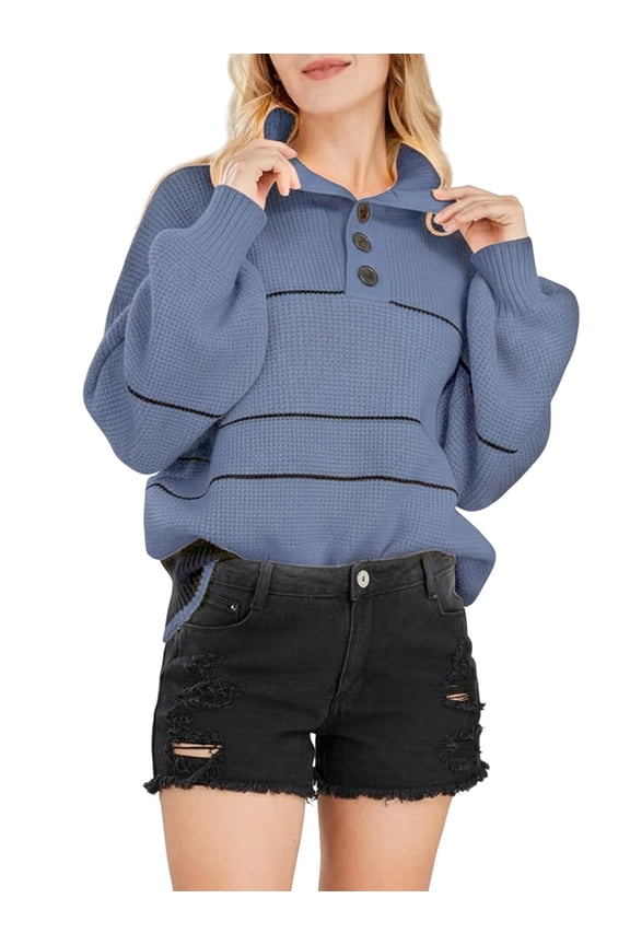 Women'S Slouchy Waffle Knit Sweater 1/2 Button Collared Pullover Striped Sweater Tops Blue L