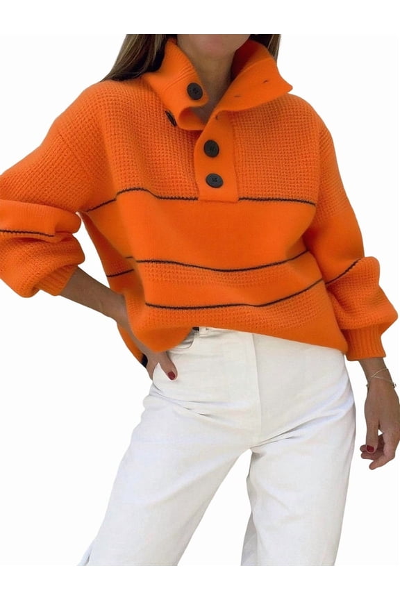 Women'S Slouchy Waffle Knit Sweater 1/2 Button Collared Pullover Striped Sweater Tops Tangerine Color XXL