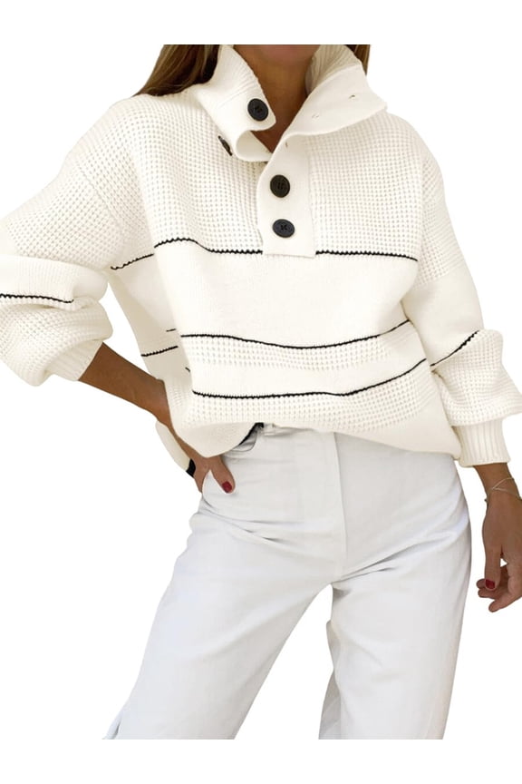 Women'S Slouchy Waffle Knit Sweater 1/2 Button Collared Pullover Striped Sweater Tops White L