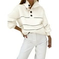 thumbnail image 1 of Women'S Slouchy Waffle Knit Sweater 1/2 Button Collared Pullover Striped Sweater Tops White M, 1 of 7