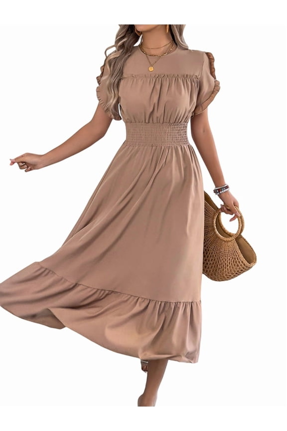 Women'S Smocked Frill Round Neck Midi Dress Comfort All Day Everyday Wear Khaki M