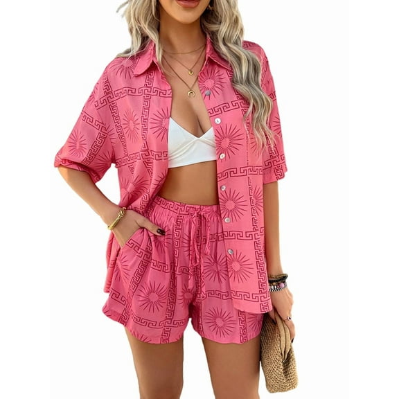 Women'S Soft Summer Floral Tropical Print V Neck Tee Short Sleeve Button Top Shorts 2 Piece Sets Rose-Red XL