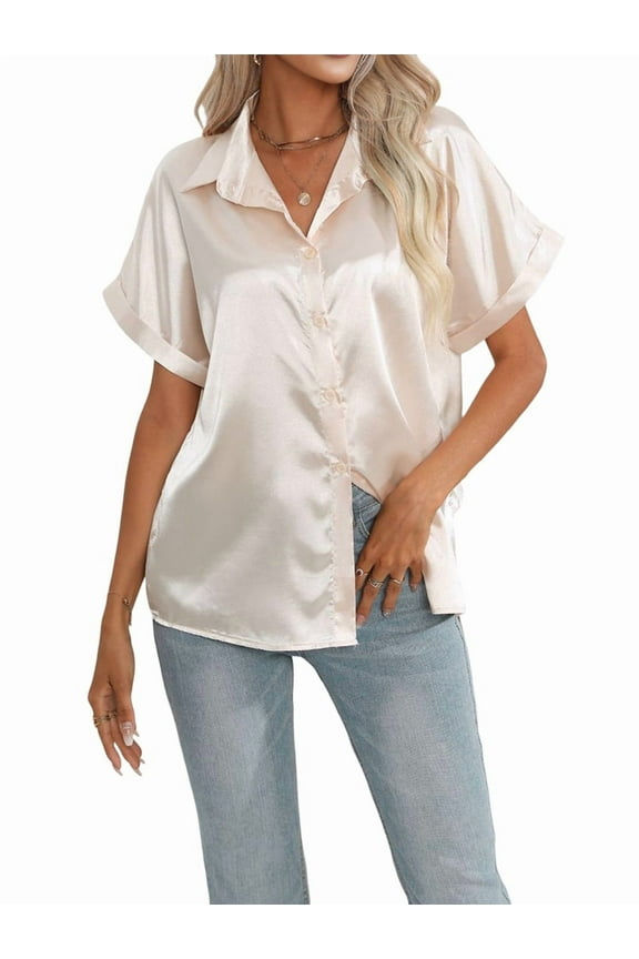 Women'S Solid Color Button Down Satin Silk Blouse Light-Weight Work Shirts V Neck Long Sleeve Lapel Top Champagne L
