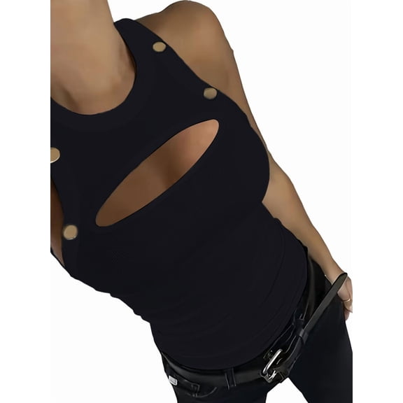 Women'S Solid Color Button Trim Round Neck Sleeveless Ribbed Tank Top Casual Vest Black XXL