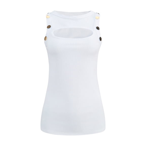 Women'S Solid Color Button Trim Round Neck Sleeveless Ribbed Tank Top Casual Vest White M