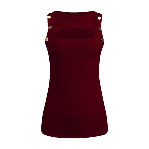 Women'S Solid Color Button Trim Round Neck Sleeveless Ribbed Tank Top Casual Vest Wine Red L