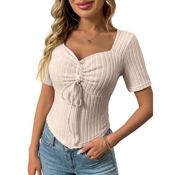 Women'S Solid Color Casual Short Sleeves Pullover Slim Pleated Short Top Comfort Drawstring Tops Apricot M