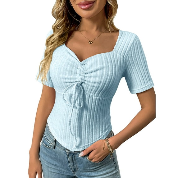 Women'S Solid Color Casual Short Sleeves Pullover Slim Pleated Short Top Comfort Drawstring Tops Light Blue XL