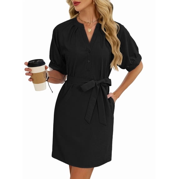 Women'S Solid Color Casual V-Neck Tie Waist Short Sleeve Dress Midi Summer Shift Dress Black XL
