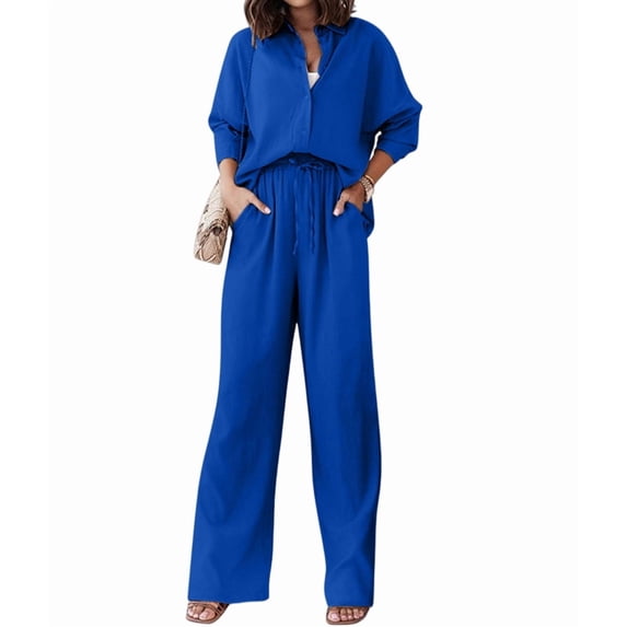 Women'S Solid Color Collared Blouse and High Waist Pants Two Piece Set Fashion Blue S