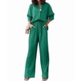 thumbnail image 1 of Women'S Solid Color Collared Blouse and High Waist Pants Two Piece Set Fashion Green S, 1 of 9