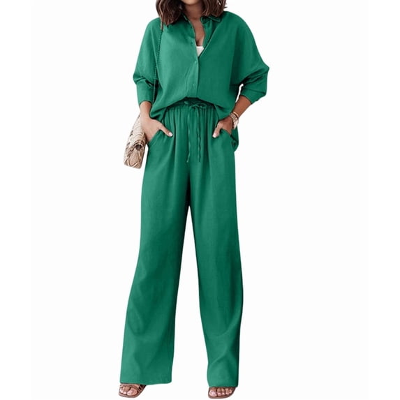 Women'S Solid Color Collared Blouse and High Waist Pants Two Piece Set Fashion Green S