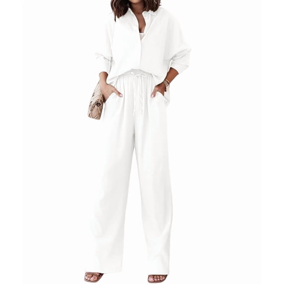 Women'S Solid Color Collared Blouse and High Waist Pants Two Piece Set Fashion White S