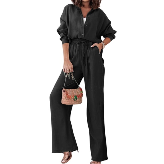 Women'S Solid Color Collared Blouse and High Waist Pants Two Piece Set Fashion