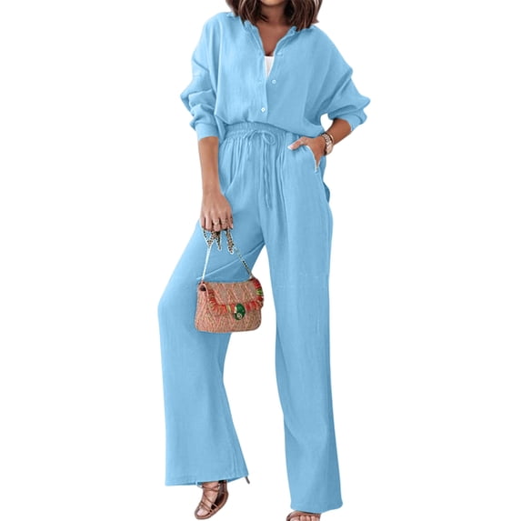 Women'S Solid Color Collared Blouse and High Waist Pants Two Piece Set Fashion