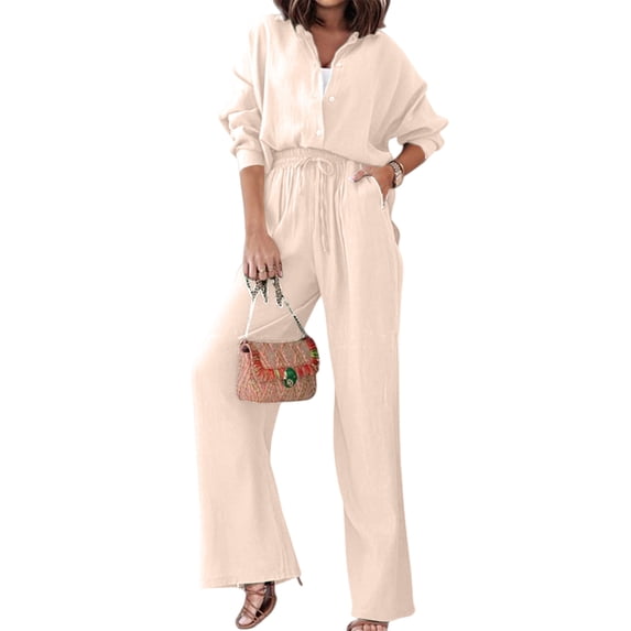 Women'S Solid Color Collared Blouse and High Waist Pants Two Piece Set Fashion
