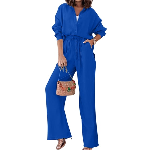 Women'S Solid Color Collared Blouse and High Waist Pants Two Piece Set Fashion