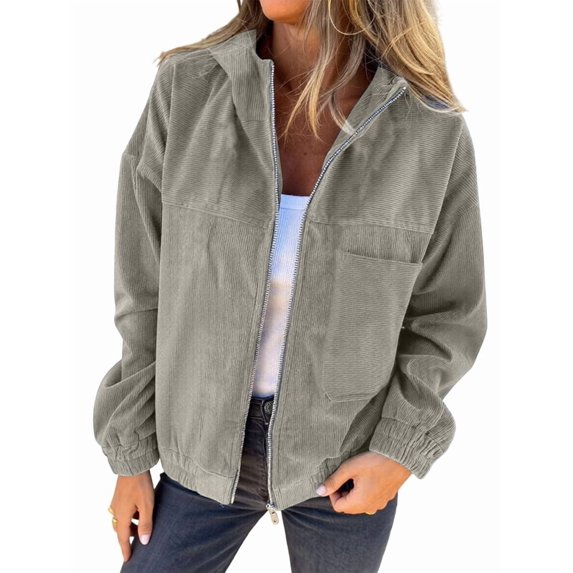 Women'S Solid Color Corduroy Jacket Minimalist Style Hooded Zip Front Coat Casual Outerwear Khaki XL