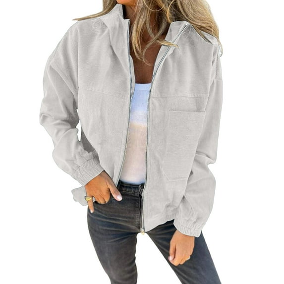 Women'S Solid Color Corduroy Jacket Minimalist Style Hooded Zip Front Coat Casual Outerwear Milky White 5XL