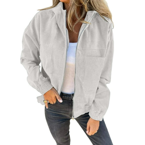 Women'S Solid Color Corduroy Jacket Minimalist Style Hooded Zip Front Coat Casual Outerwear Milky White L