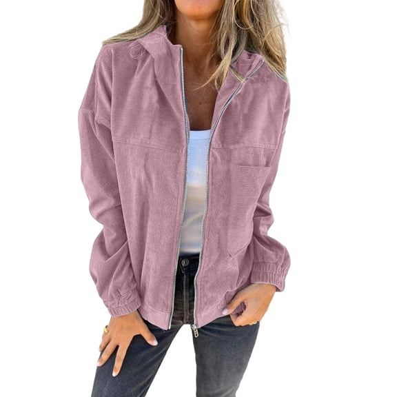 Women'S Solid Color Corduroy Jacket Minimalist Style Hooded Zip Front Coat Casual Outerwear Pink L