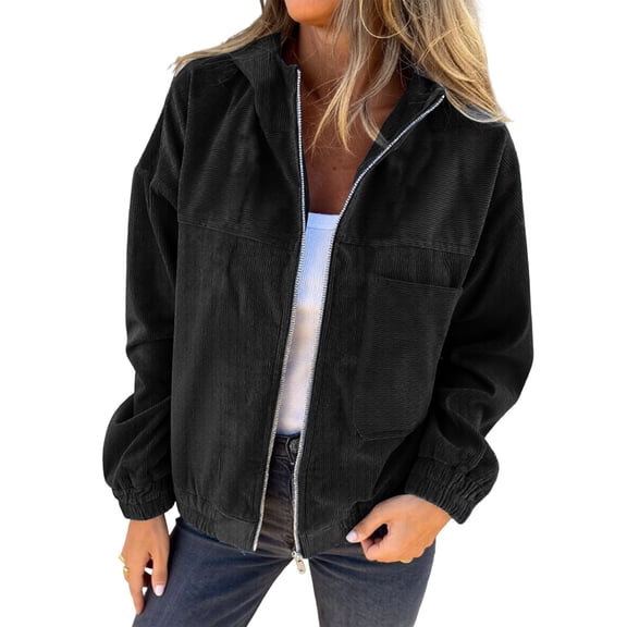 Women'S Solid Color Corduroy Jacket Minimalist Style Hooded Zip Front Coat Casual Outerwear