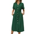 thumbnail image 1 of Women'S Solid Color Dress Summer Casual Short Sleeve Button V Neck Dresses Long Beach Shirt Dress with Pockets Ink Green L, 1 of 7