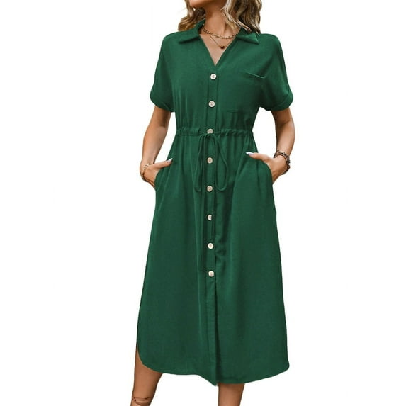 Women'S Solid Color Dress Summer Casual Short Sleeve Button V Neck Dresses Long Beach Shirt Dress with Pockets