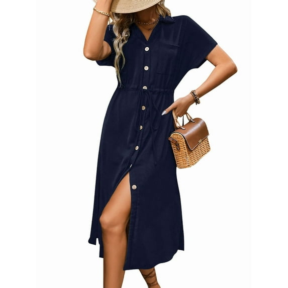 Women'S Solid Color Dress Summer Casual Short Sleeve Button V Neck Dresses Long Beach Shirt Dress with Pockets