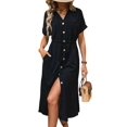 thumbnail image 1 of Women'S Solid Color Dress Summer Casual Short Sleeve Button V Neck Dresses Long Beach Shirt Dress with Pockets, 1 of 9