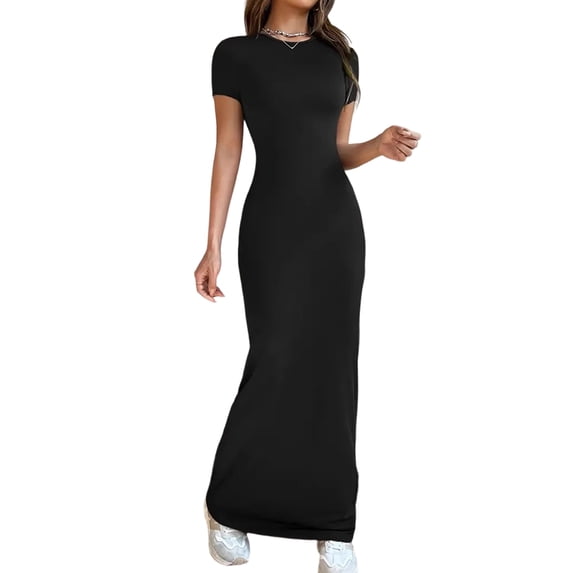 Women'S Solid Color Elegant Slim Fit Short Sleeve Dress Maxi Gown Casual Summer Chic Wear