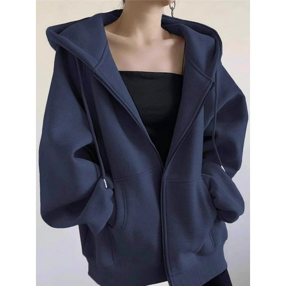 Women'S Solid Color Hooded Sweatshirt 2025 Winter Plush Lining Retro Casual Loose Fit Pullover Cozy Streetwear Top Black Blouses For Women