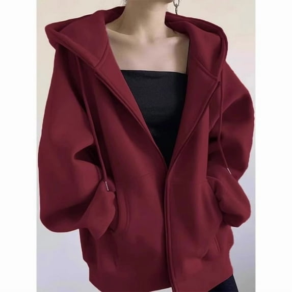 Women'S Solid Color Hooded Sweatshirt 2025 Winter Plush Lining Retro Casual Loose Fit Pullover Cozy Streetwear Top Black Blouses For Women