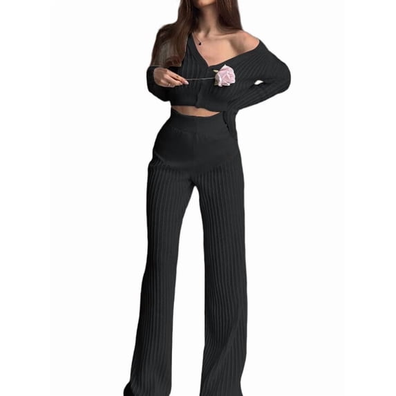 Women'S Solid Color Knitted Casual Hollow Commuter Suit Long Sleeve Button Top High Waist Pants Two-Piece Suit Black S