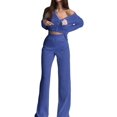 thumbnail image 1 of Women'S Solid Color Knitted Casual Hollow Commuter Suit Long Sleeve Button Top High Waist Pants Two-Piece Suit Blue S, 1 of 8