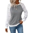 thumbnail image 1 of Women'S Solid Color Lace Trim Long Sleeve T-Shirt Round Neck See Through Casual Elegant Top Black & White XL, 1 of 7