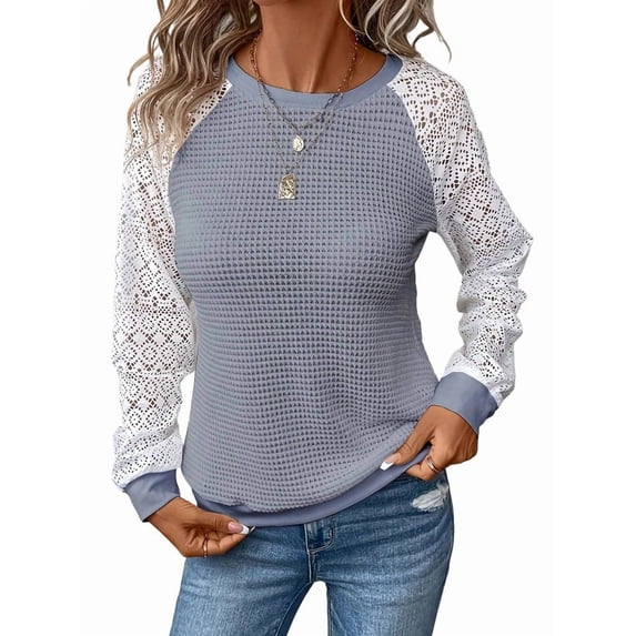 Women'S Solid Color Lace Trim Long Sleeve T-Shirt Round Neck See Through Casual Elegant Top Light Gray XL