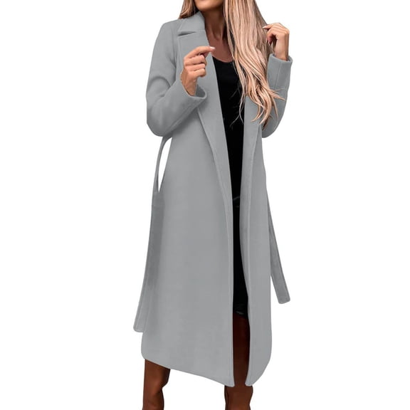 Women'S Solid Color Lapel Long-Sleeved Woolen Coat Autumn and Winter Simple Warm Placket Lace-Up Coat Gray XXXL