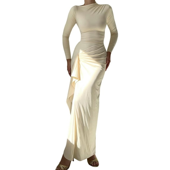 Women'S Solid Color Long Sleeve Crew Neck Ruched Waist Flowy A Line High Low Midi Irregular Split Dress Apricot XL