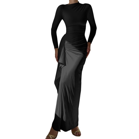 Women'S Solid Color Long Sleeve Crew Neck Ruched Waist Flowy A Line High Low Midi Irregular Split Dress Black M