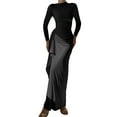 thumbnail image 1 of Women'S Solid Color Long Sleeve Crew Neck Ruched Waist Flowy A Line High Low Midi Irregular Split Dress Black S, 1 of 7