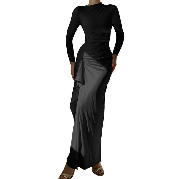 Women'S Solid Color Long Sleeve Crew Neck Ruched Waist Flowy A Line High Low Midi Irregular Split Dress Black S
