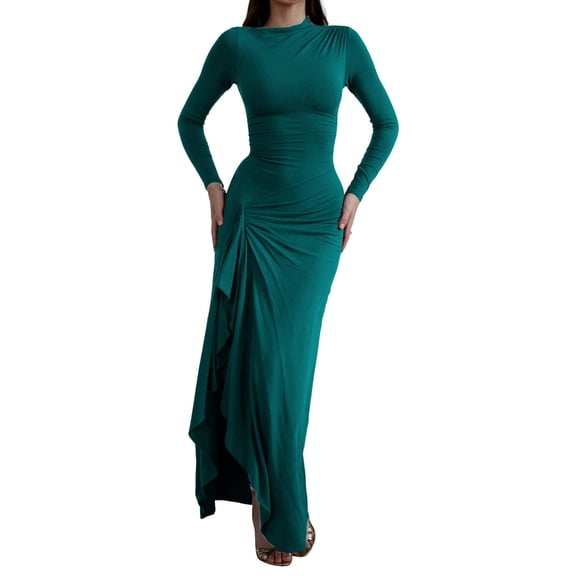 Women'S Solid Color Long Sleeve Crew Neck Ruched Waist Flowy A Line High Low Midi Irregular Split Dress Green M